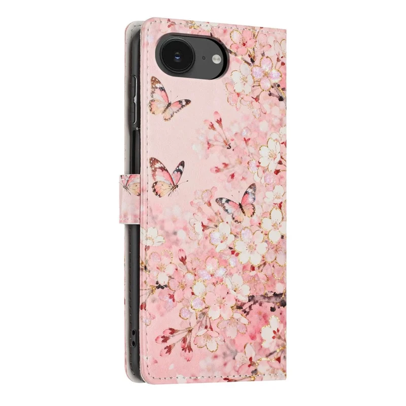 Wallet Case For iPhone 17e  /  16e Pattern Printing PU Leather Stand Flip Phone Cover with Wrist Strap - Pink Sakura Butterfly