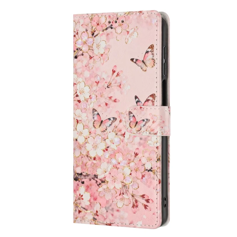 Wallet Case For iPhone 17e  /  16e Pattern Printing PU Leather Stand Flip Phone Cover with Wrist Strap - Pink Sakura Butterfly