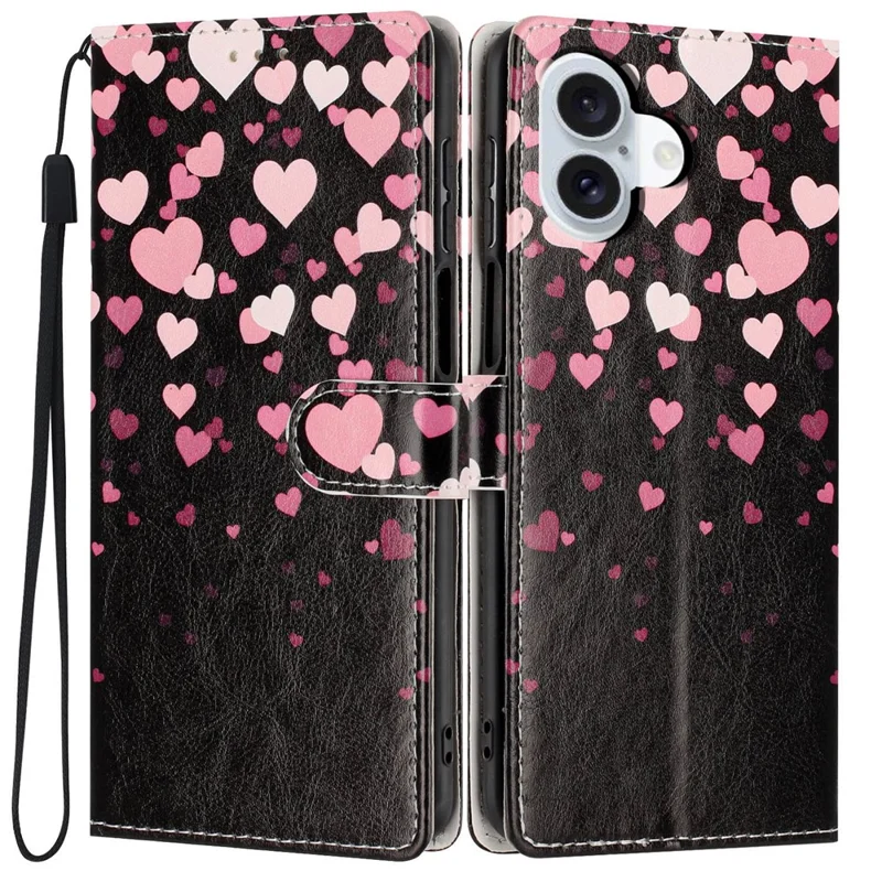 For iPhone 16 Wallet Case Pattern Printing PU Leather Stand Flip Phone Cover with Wrist Strap - Pink Heart