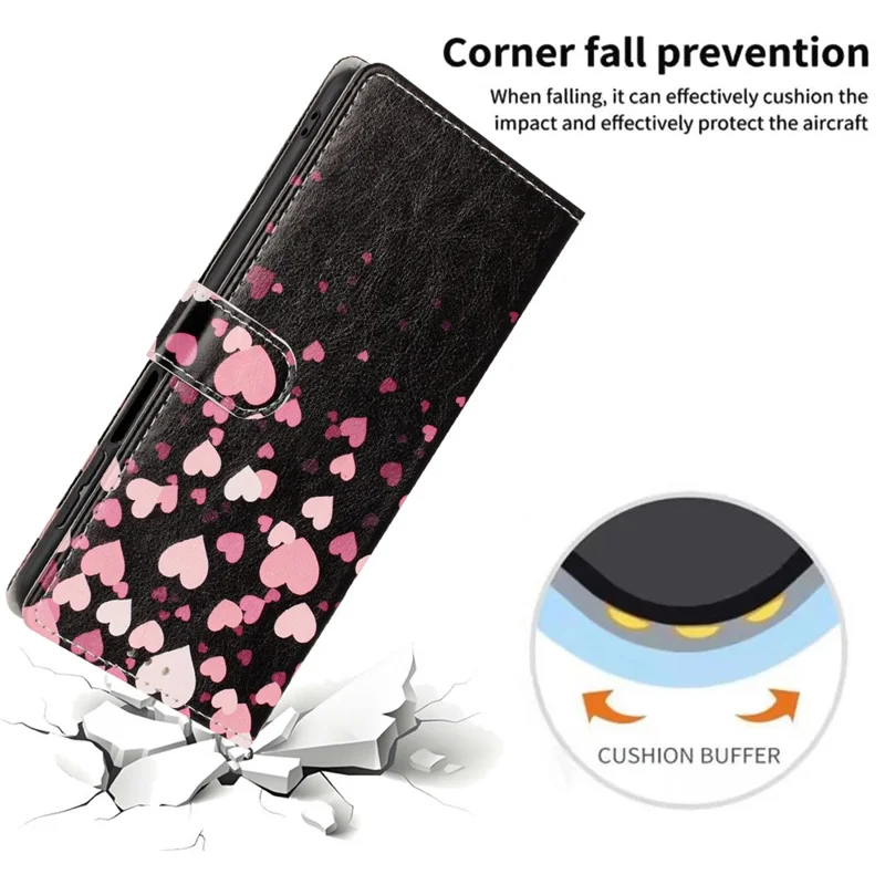 For iPhone 16 Wallet Case Pattern Printing PU Leather Stand Flip Phone Cover with Wrist Strap - Pink Heart