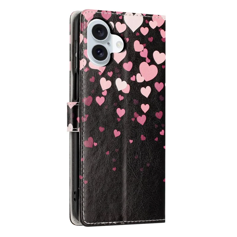 For iPhone 16 Wallet Case Pattern Printing PU Leather Stand Flip Phone Cover with Wrist Strap - Pink Heart