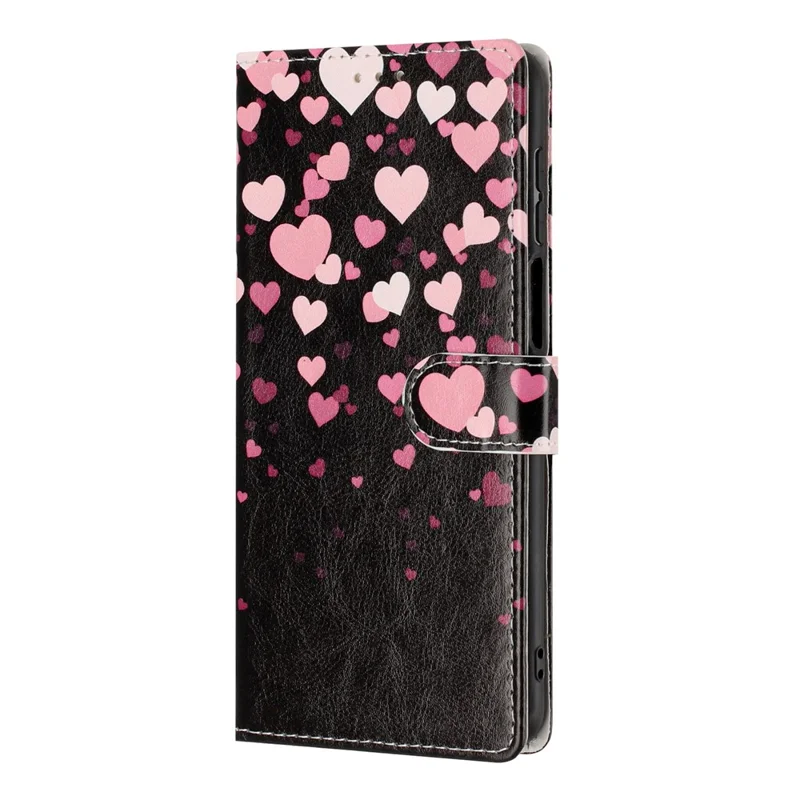 For iPhone 16 Wallet Case Pattern Printing PU Leather Stand Flip Phone Cover with Wrist Strap - Pink Heart