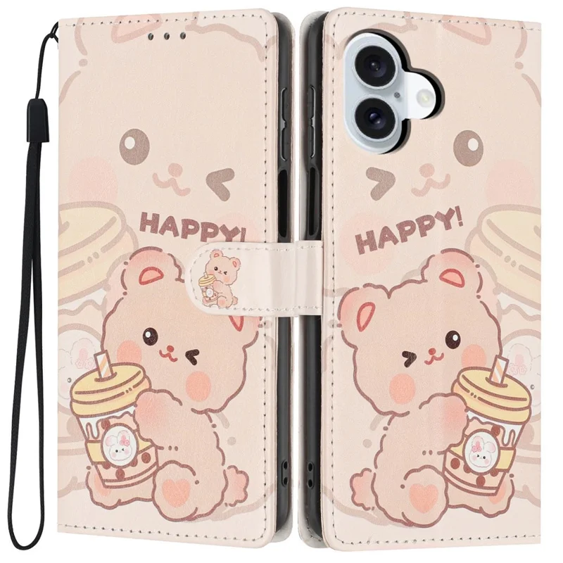 For iPhone 16 Wallet Case Pattern Printing PU Leather Stand Flip Phone Cover with Wrist Strap - Milk Tea Bear