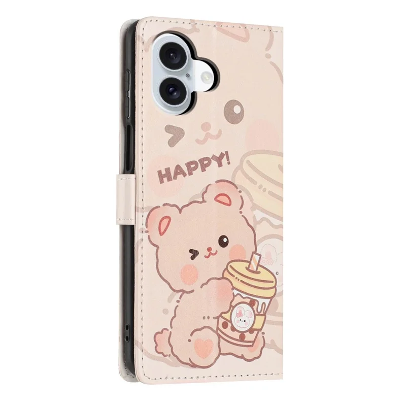 For iPhone 16 Wallet Case Pattern Printing PU Leather Stand Flip Phone Cover with Wrist Strap - Milk Tea Bear