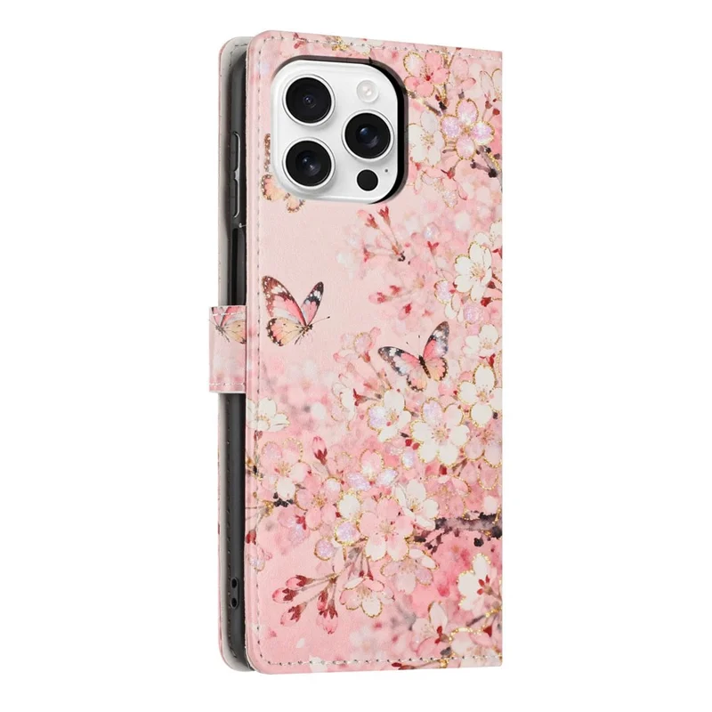 For iPhone 16 Pro Wallet Case Pattern Printing PU Leather Stand Flip Phone Cover with Wrist Strap - Pink Sakura Butterfly
