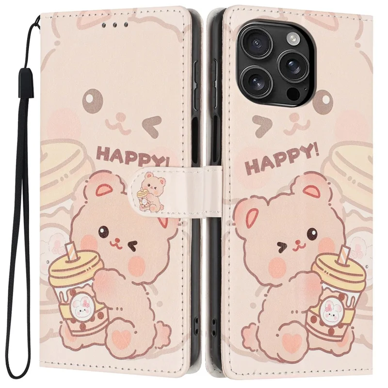 For iPhone 16 Pro Max Wallet Case Pattern Printing PU Leather Stand Flip Phone Cover with Wrist Strap - Milk Tea Bear