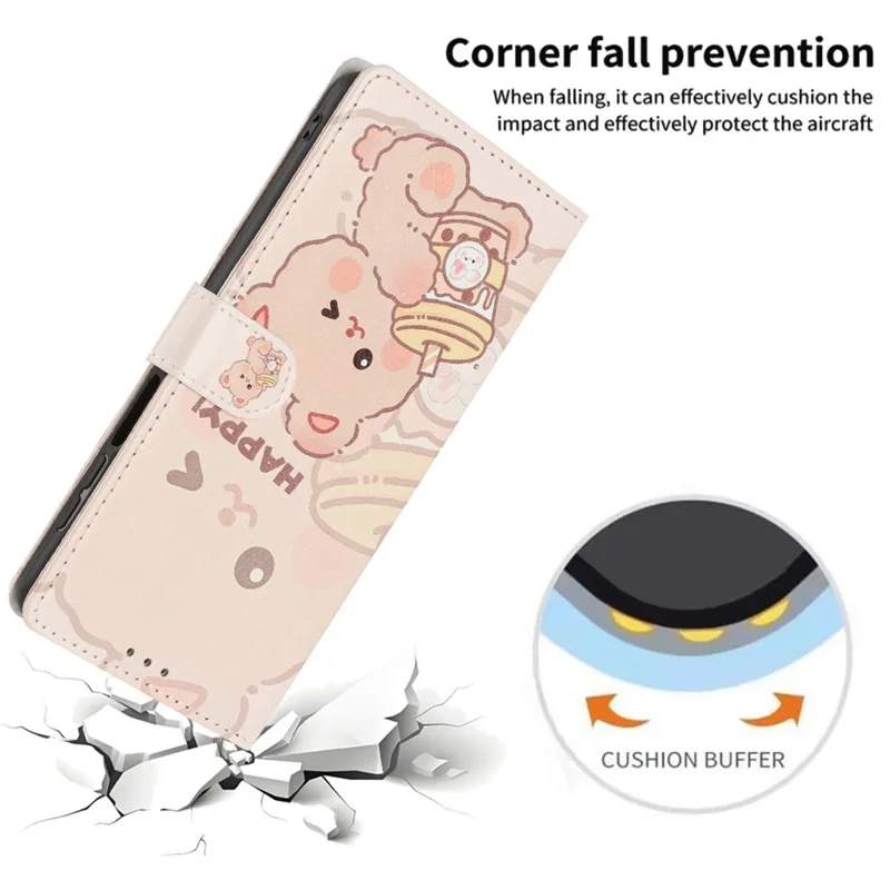 For iPhone 16 Pro Max Wallet Case Pattern Printing PU Leather Stand Flip Phone Cover with Wrist Strap - Milk Tea Bear
