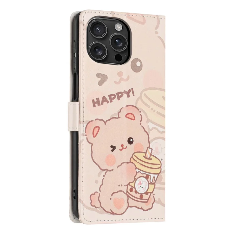 For iPhone 16 Pro Max Wallet Case Pattern Printing PU Leather Stand Flip Phone Cover with Wrist Strap - Milk Tea Bear