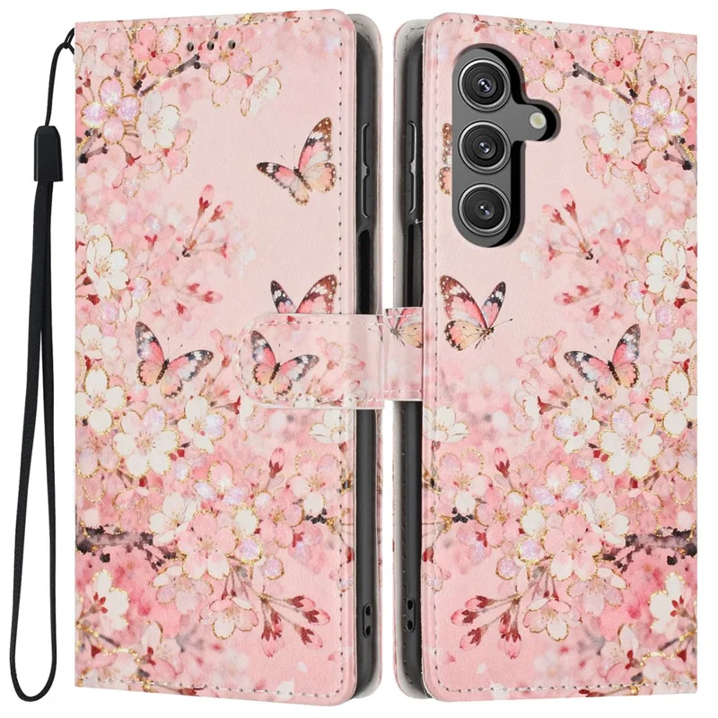 For Samsung Galaxy S24 FE Wallet Case Pattern Printing PU Leather Stand Flip Phone Cover with Wrist Strap - Pink Sakura Butterfly