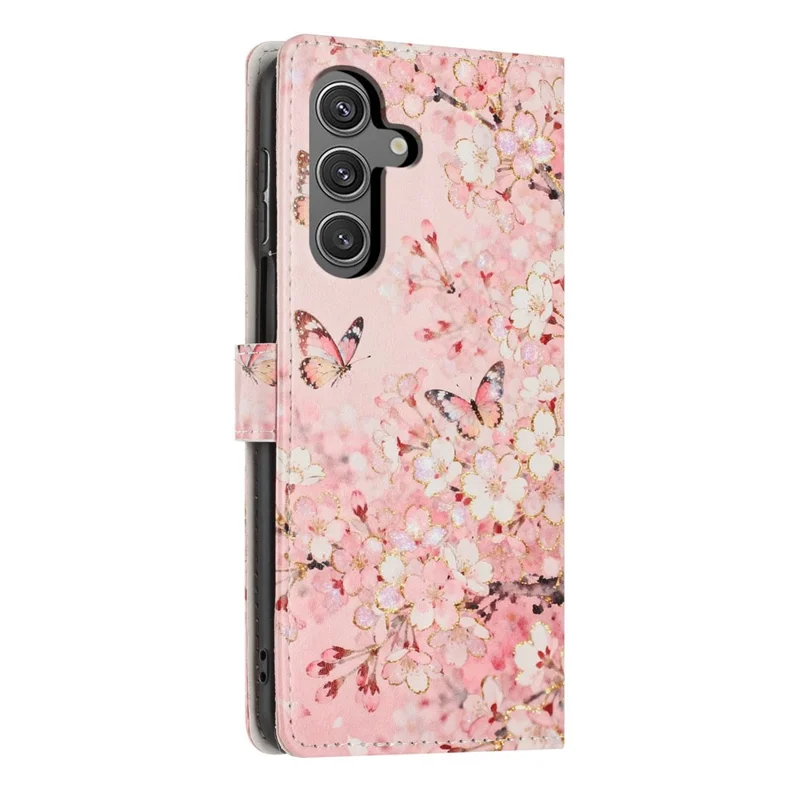 For Samsung Galaxy S24 FE Wallet Case Pattern Printing PU Leather Stand Flip Phone Cover with Wrist Strap - Pink Sakura Butterfly