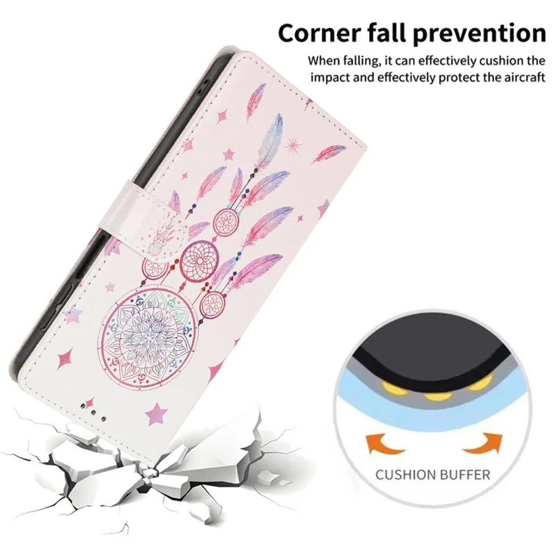 For Samsung Galaxy S25 Wallet Case Pattern Printing PU Leather Stand Flip Phone Cover with Wrist Strap - Feather Dreamcatcher