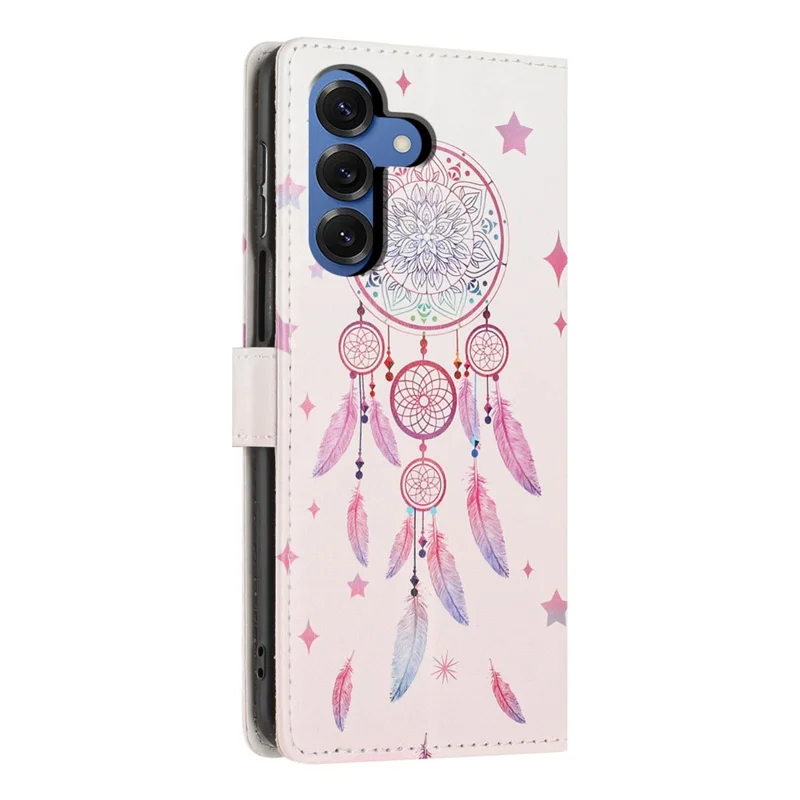 For Samsung Galaxy S25 Wallet Case Pattern Printing PU Leather Stand Flip Phone Cover with Wrist Strap - Feather Dreamcatcher