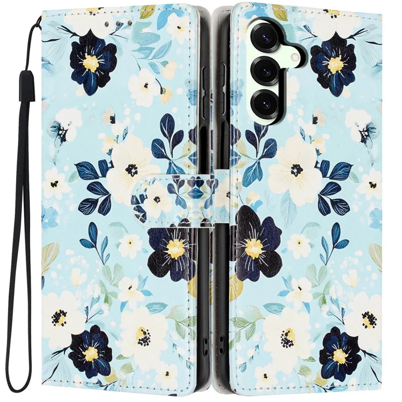 For Samsung Galaxy S25+ Wallet Case Pattern Printing PU Leather Stand Flip Phone Cover with Wrist Strap - Blue Background  /  Flower
