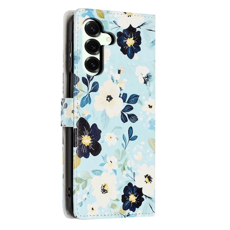 For Samsung Galaxy S25+ Wallet Case Pattern Printing PU Leather Stand Flip Phone Cover with Wrist Strap - Blue Background  /  Flower