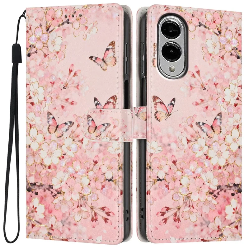 For Samsung Galaxy S25 Edge Wallet Case Pattern Printing PU Leather Stand Flip Phone Cover with Wrist Strap - Pink Sakura Butterfly