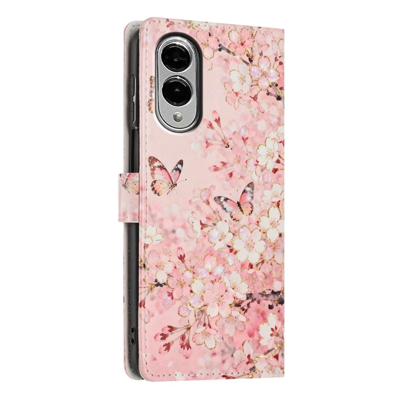 For Samsung Galaxy S25 Edge Wallet Case Pattern Printing PU Leather Stand Flip Phone Cover with Wrist Strap - Pink Sakura Butterfly