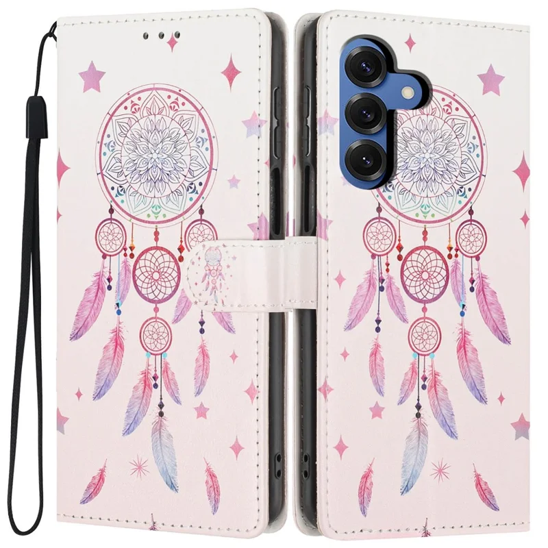 For Samsung Galaxy S26+ Wallet Case Pattern Printing PU Leather Stand Flip Phone Cover with Wrist Strap - Feather Dreamcatcher