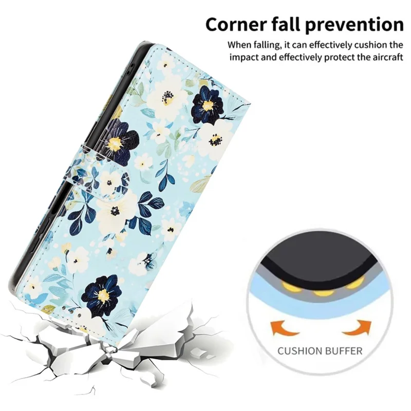 For Samsung Galaxy A37 5G Wallet Case Pattern Printing PU Leather Stand Flip Phone Cover with Wrist Strap - Blue Background  /  Flower