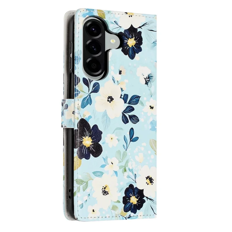 For Samsung Galaxy A37 5G Wallet Case Pattern Printing PU Leather Stand Flip Phone Cover with Wrist Strap - Blue Background  /  Flower