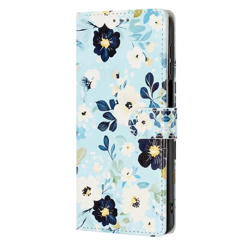 For Samsung Galaxy A37 5G Wallet Case Pattern Printing PU Leather Stand Flip Phone Cover with Wrist Strap - Blue Background  /  Flower