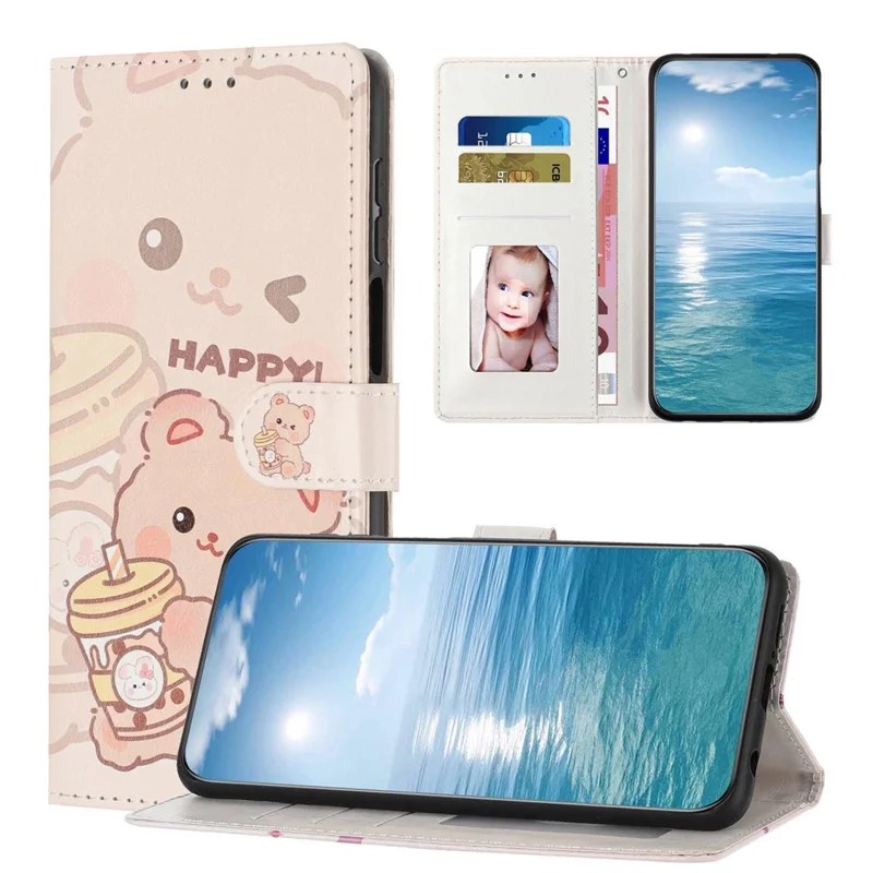 Wallet Case For Samsung Galaxy A15 5G  /  4G Pattern Printing PU Leather Stand Flip Phone Cover with Wrist Strap - Milk Tea Bear