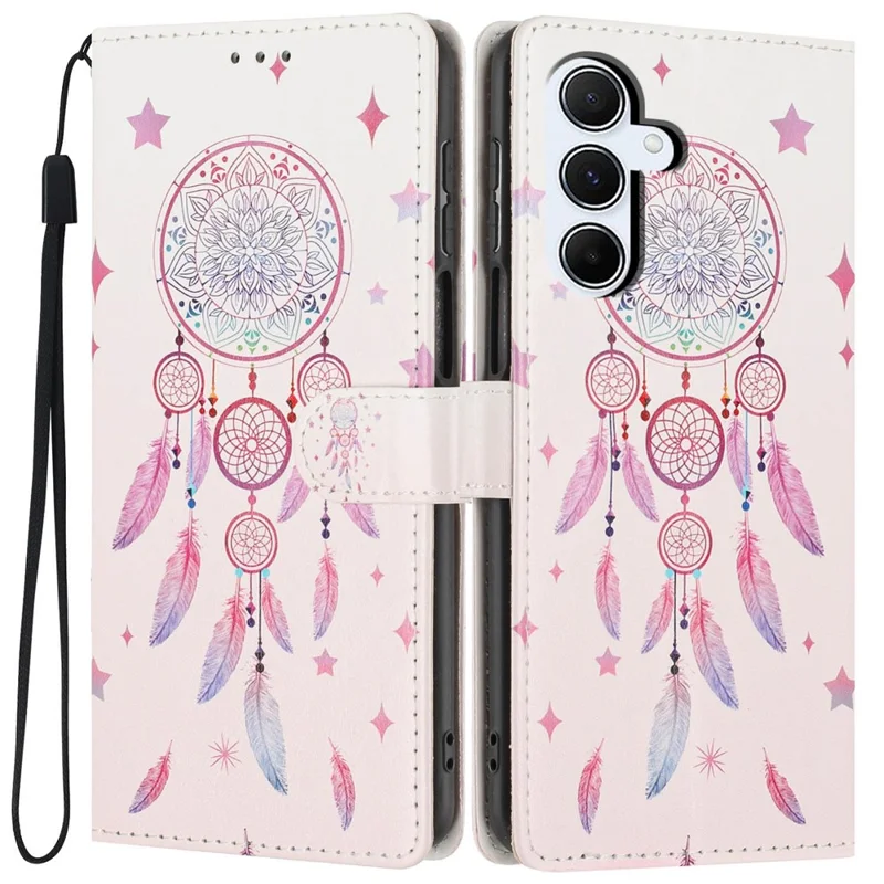 For Samsung Galaxy A54 5G Wallet Case Pattern Printing PU Leather Stand Flip Phone Cover with Wrist Strap - Feather Dreamcatcher