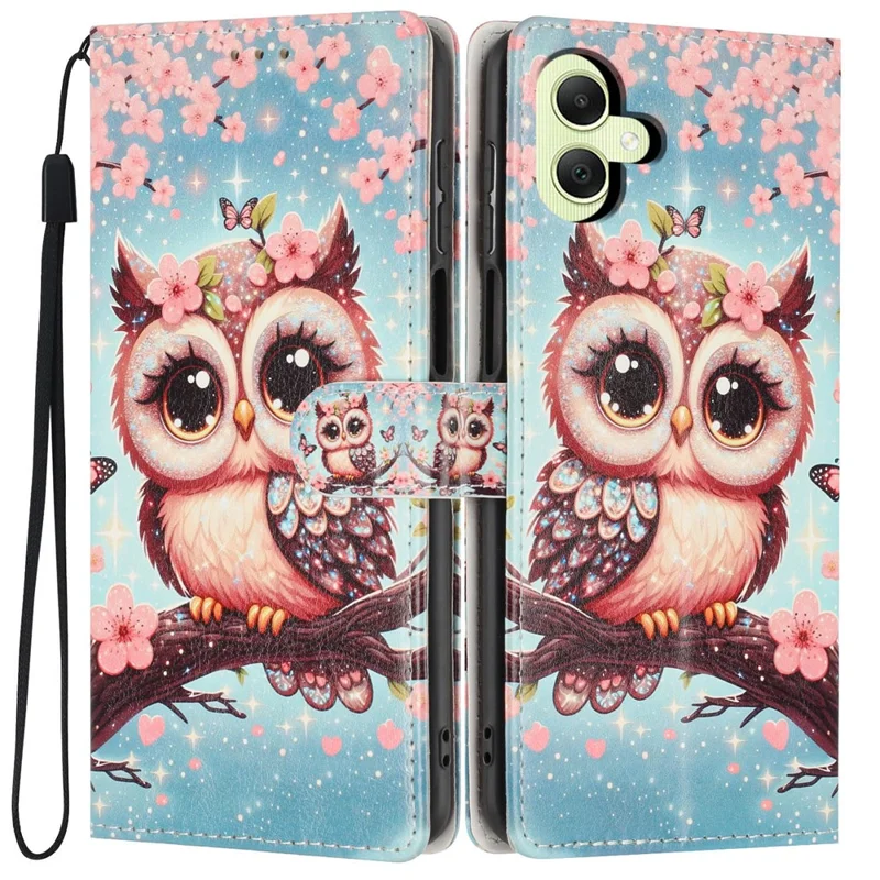 For Samsung Galaxy A05 4G Wallet Case Pattern Printing PU Leather Stand Flip Phone Cover with Wrist Strap - Sakura Owl