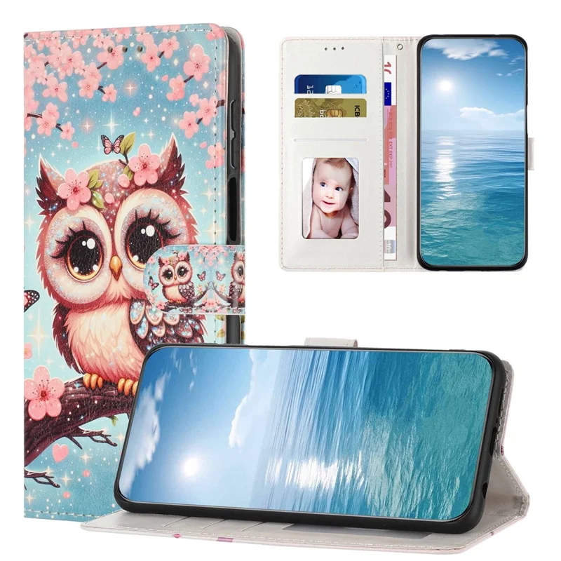 For Samsung Galaxy A05 4G Wallet Case Pattern Printing PU Leather Stand Flip Phone Cover with Wrist Strap - Sakura Owl