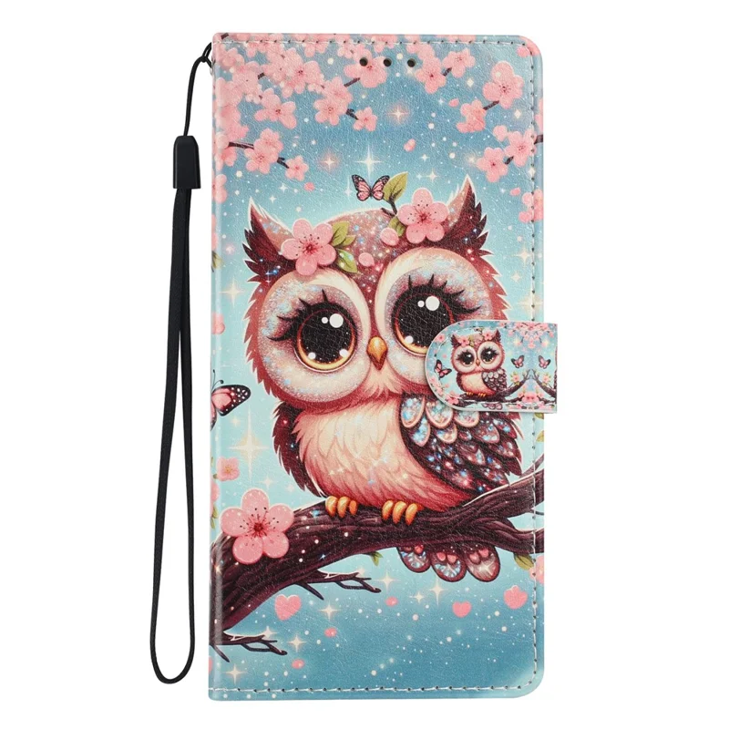 For Samsung Galaxy A05 4G Wallet Case Pattern Printing PU Leather Stand Flip Phone Cover with Wrist Strap - Sakura Owl