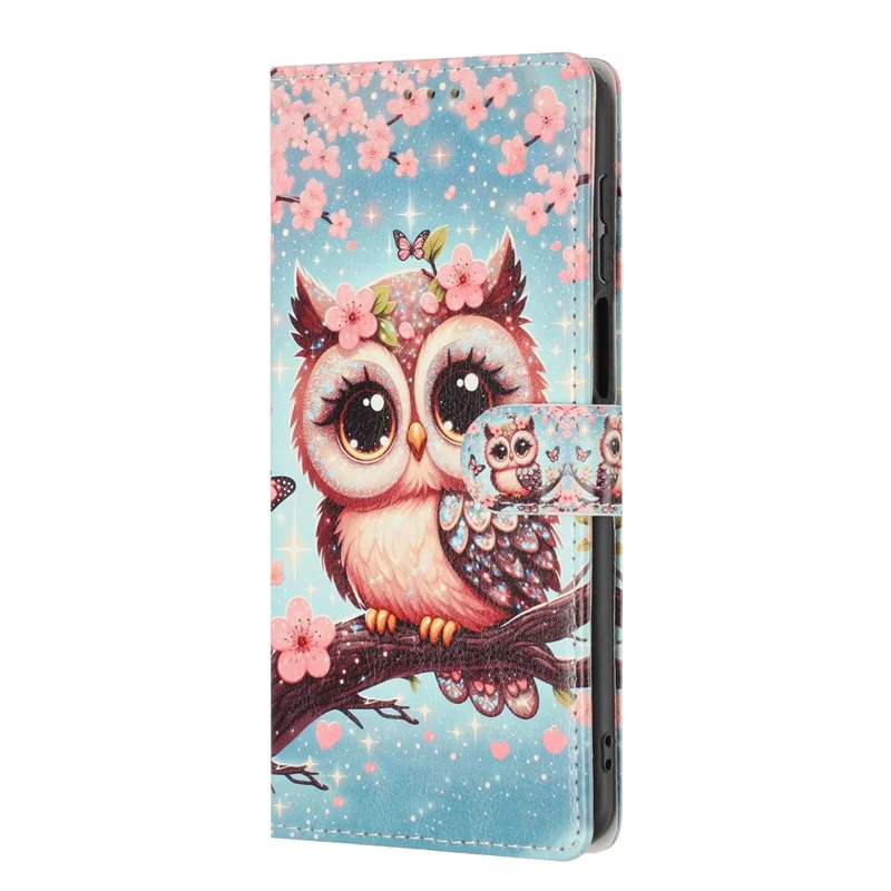For Samsung Galaxy A05 4G Wallet Case Pattern Printing PU Leather Stand Flip Phone Cover with Wrist Strap - Sakura Owl