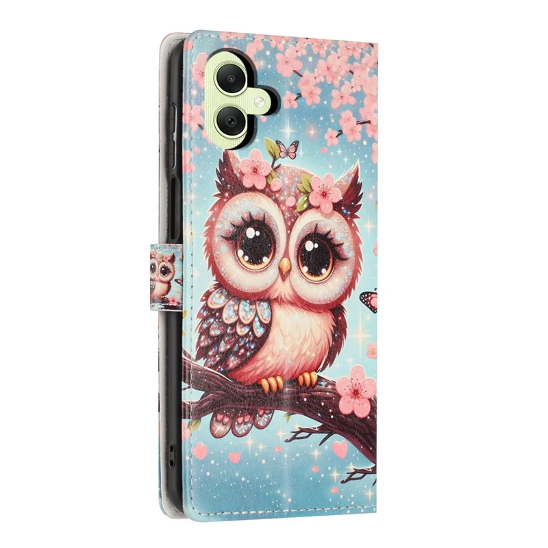 For Samsung Galaxy A05 4G Wallet Case Pattern Printing PU Leather Stand Flip Phone Cover with Wrist Strap - Sakura Owl