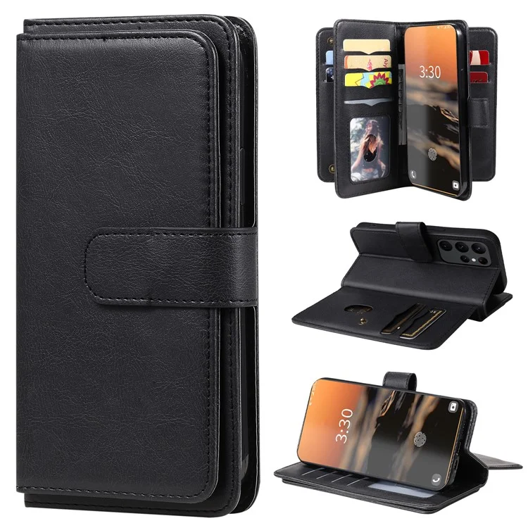 For Samsung Galaxy S23 Ultra Leather Case with 10 Card Holder Phone Cover Stand - Black