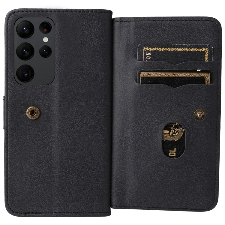 For Samsung Galaxy S23 Ultra Leather Case with 10 Card Holder Phone Cover Stand - Black