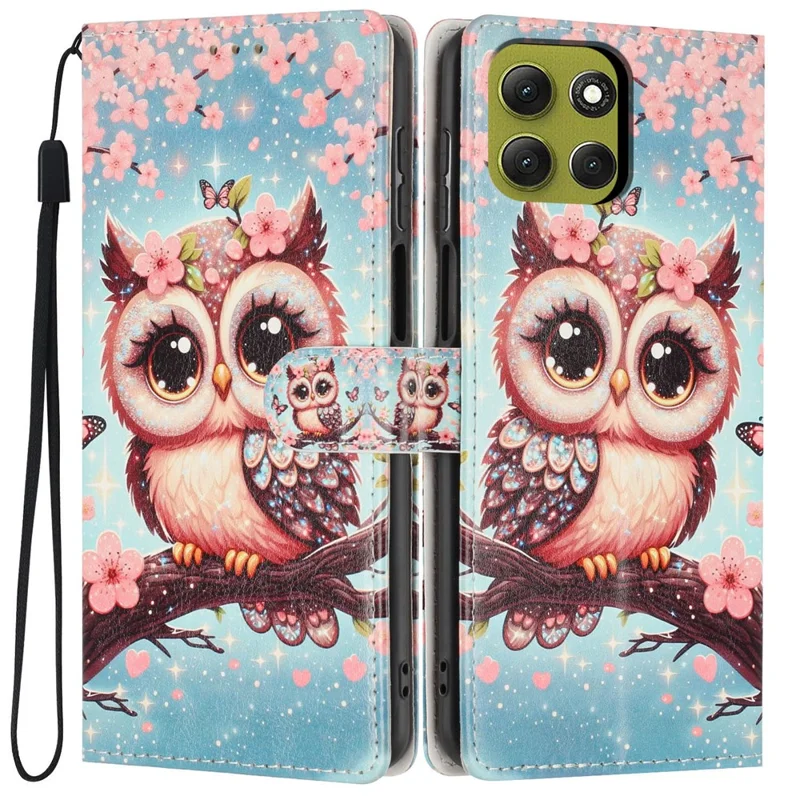For Motorola Moto G86 5G Wallet Case Pattern Printing PU Leather Stand Flip Phone Cover with Wrist Strap - Sakura Owl