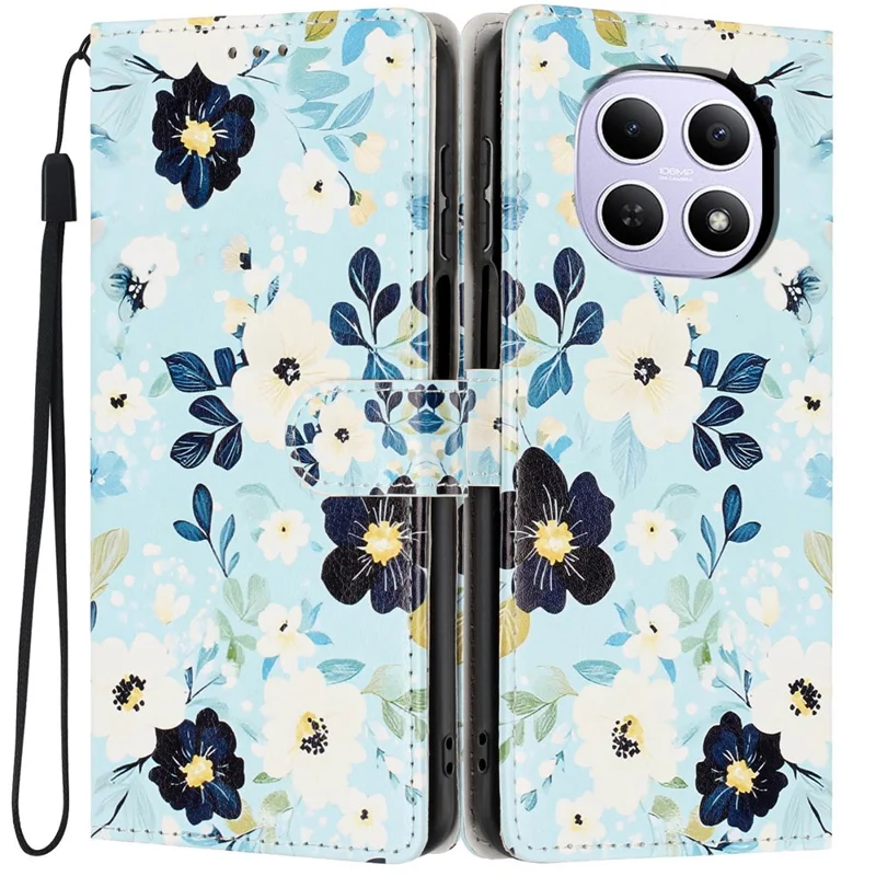 Wallet Case For Xiaomi Redmi Note 15 5G (Global)  /  Poco M8 5G Pattern Printing PU Leather Stand Flip Phone Cover with Wrist Strap - Blue Background  /  Flower