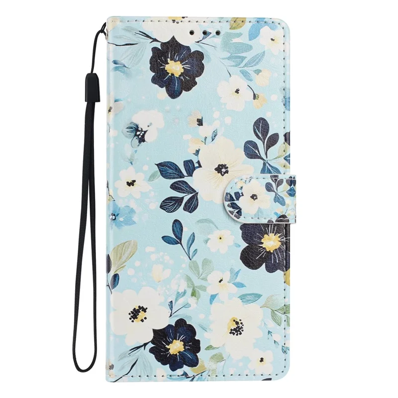 Wallet Case For Xiaomi Redmi Note 15 5G (Global)  /  Poco M8 5G Pattern Printing PU Leather Stand Flip Phone Cover with Wrist Strap - Blue Background  /  Flower