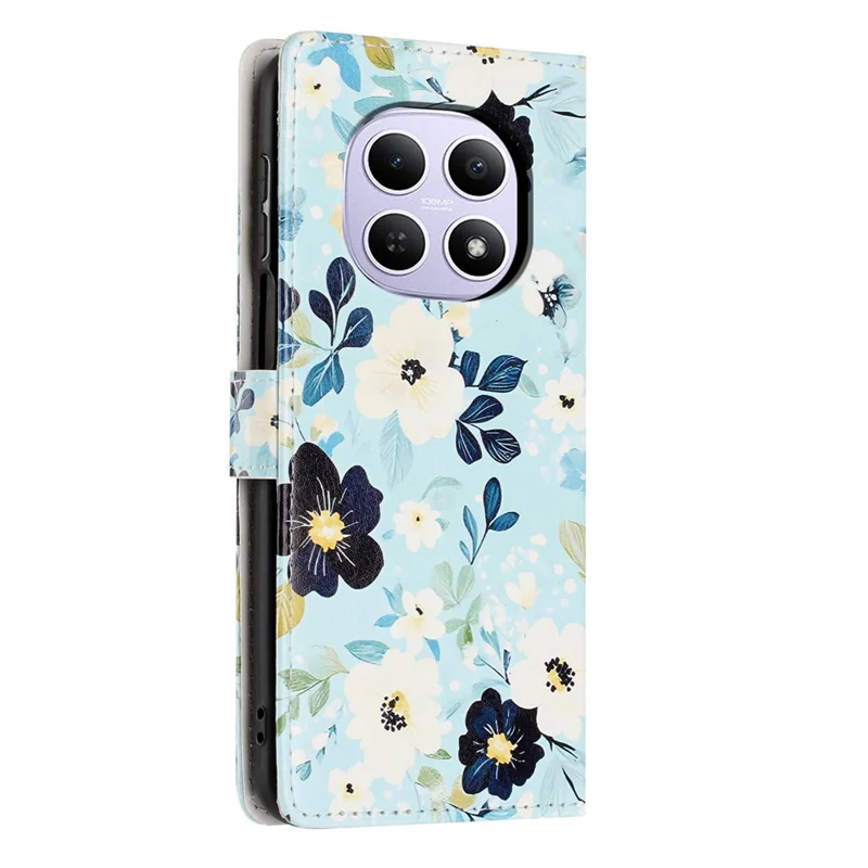 Wallet Case For Xiaomi Redmi Note 15 5G (Global)  /  Poco M8 5G Pattern Printing PU Leather Stand Flip Phone Cover with Wrist Strap - Blue Background  /  Flower