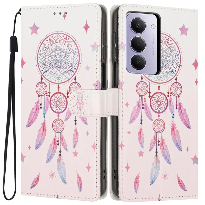 For Xiaomi Redmi 15 5G (EU) (171mm) Wallet Case Pattern Printing PU Leather Stand Flip Phone Cover with Wrist Strap - Feather Dreamcatcher