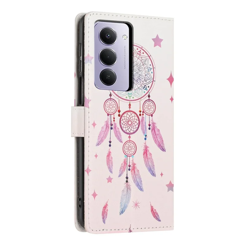 For Xiaomi Redmi 15 5G (EU) (171mm) Wallet Case Pattern Printing PU Leather Stand Flip Phone Cover with Wrist Strap - Feather Dreamcatcher