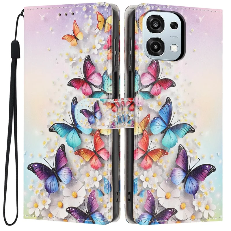 For Oppo A6 Pro 5G Wallet Case Pattern Printing PU Leather Stand Flip Phone Cover with Wrist Strap - Colorful Butterfly