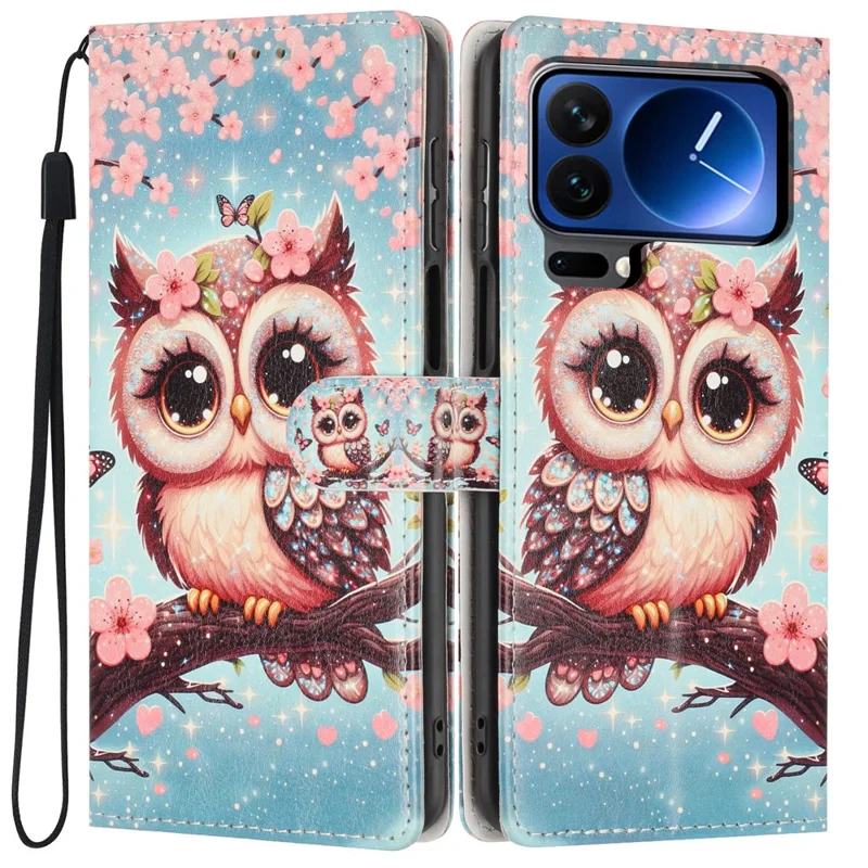 For Xiaomi 17 Pro Wallet Case Pattern Printing PU Leather Stand Flip Phone Cover with Wrist Strap - Sakura Owl