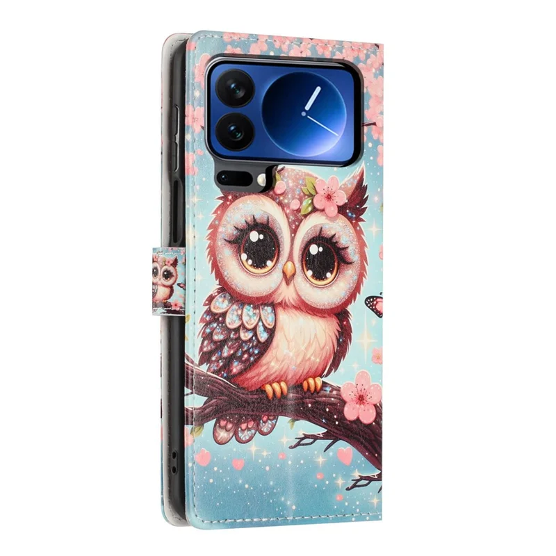 For Xiaomi 17 Pro Wallet Case Pattern Printing PU Leather Stand Flip Phone Cover with Wrist Strap - Sakura Owl