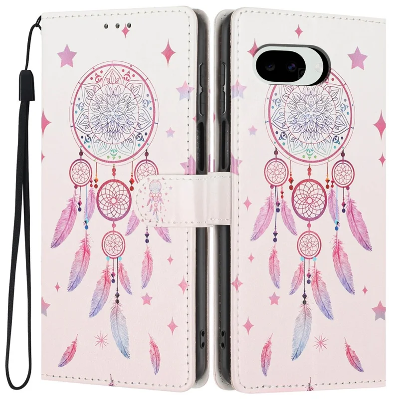 For Google Pixel 9a Wallet Case Pattern Printing PU Leather Stand Flip Phone Cover with Wrist Strap - Feather Dreamcatcher