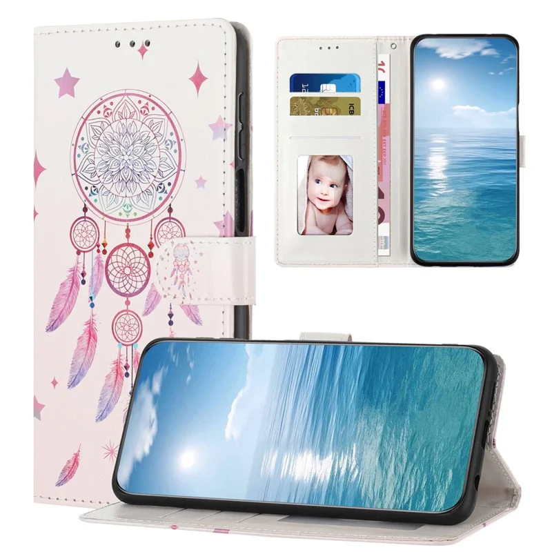 For Google Pixel 9a Wallet Case Pattern Printing PU Leather Stand Flip Phone Cover with Wrist Strap - Feather Dreamcatcher