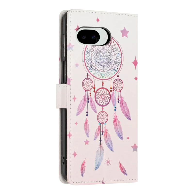 For Google Pixel 9a Wallet Case Pattern Printing PU Leather Stand Flip Phone Cover with Wrist Strap - Feather Dreamcatcher
