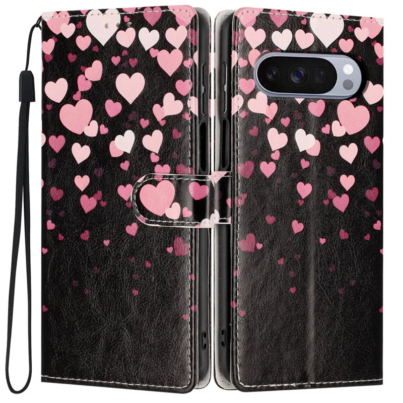 Wallet Case For Google Pixel 10  /  10 Pro Pattern Printing PU Leather Stand Flip Phone Cover with Wrist Strap - Pink Heart