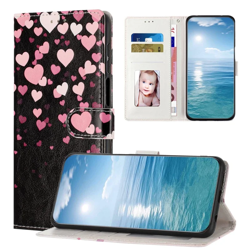 Wallet Case For Google Pixel 10  /  10 Pro Pattern Printing PU Leather Stand Flip Phone Cover with Wrist Strap - Pink Heart