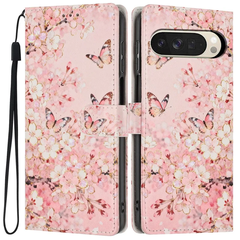 For Google Pixel 10 Pro XL Wallet Case Pattern Printing PU Leather Stand Flip Phone Cover with Wrist Strap - Pink Sakura Butterfly