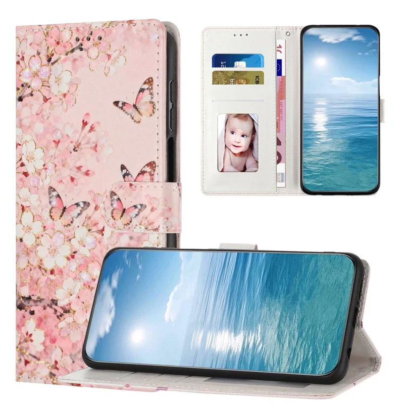 For Google Pixel 10 Pro XL Wallet Case Pattern Printing PU Leather Stand Flip Phone Cover with Wrist Strap - Pink Sakura Butterfly
