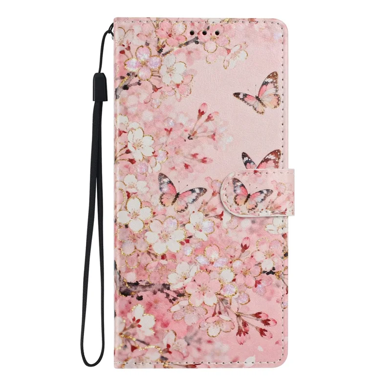For Google Pixel 10 Pro XL Wallet Case Pattern Printing PU Leather Stand Flip Phone Cover with Wrist Strap - Pink Sakura Butterfly
